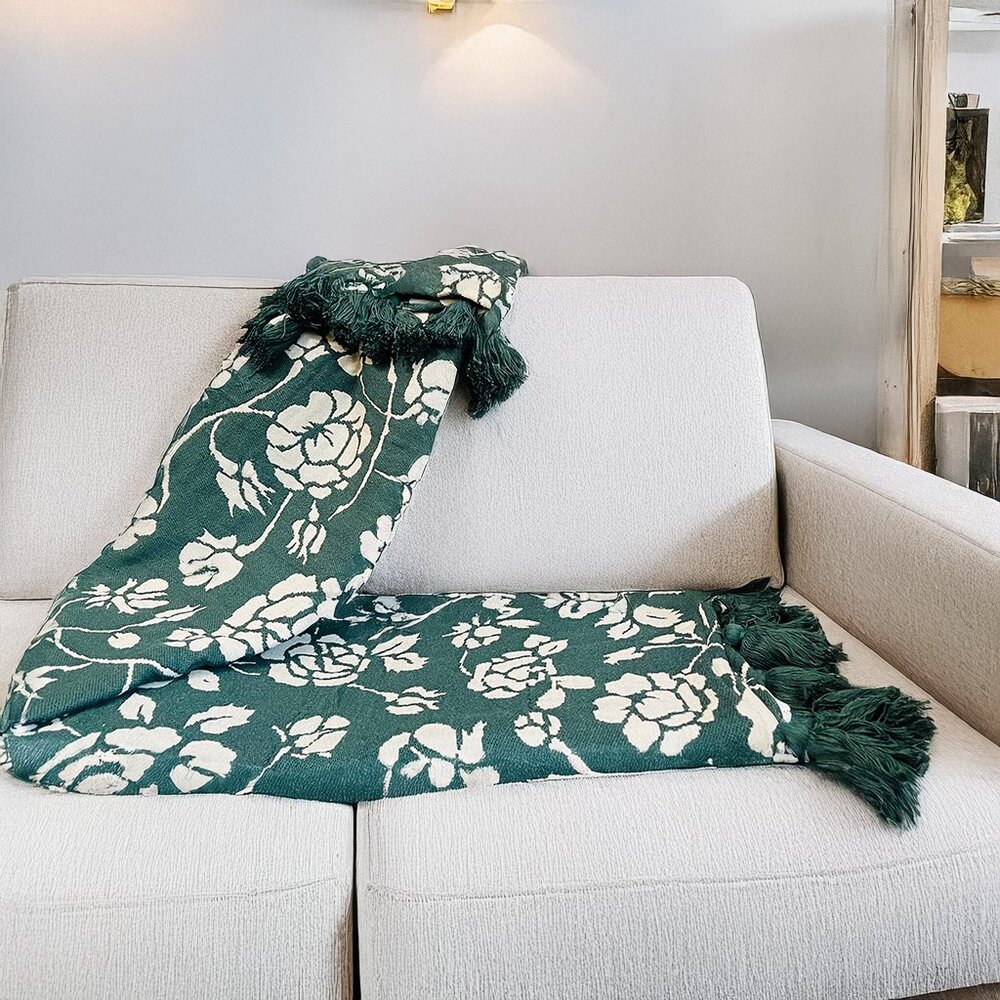 Floral Woven Throw, Green